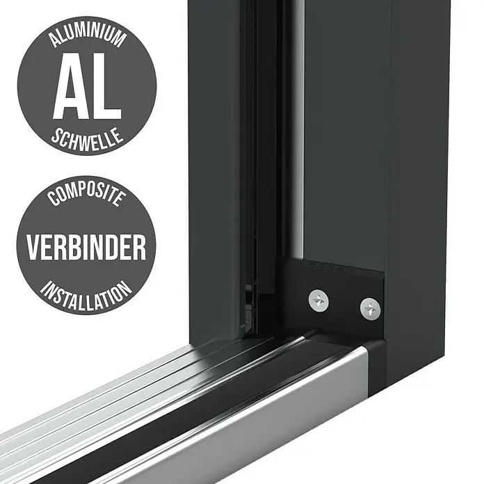 Gerda Haustür Thermo Prime 75 Hanover110 cm x 210 mm, DIN Anschlag: Rechts, Weiß, Schwarze Details - Detailansicht eines Aluminium-Verbundschwellen-Installationssystems, das die präzise Konstruktion und die hochwertige Verarbeitung hervorhebt.