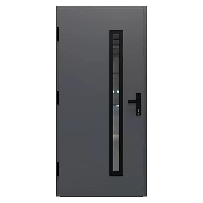 Gerda Haustür Thermo Prime 75 Rodan - 100 cm x 210 mm, DIN Anschlag: Links, Anthrazitgrau, Schwarze Details - Graue Tür mit schmalem vertikalen Fenster, schwarzem Griff und schwarzen Scharnieren.