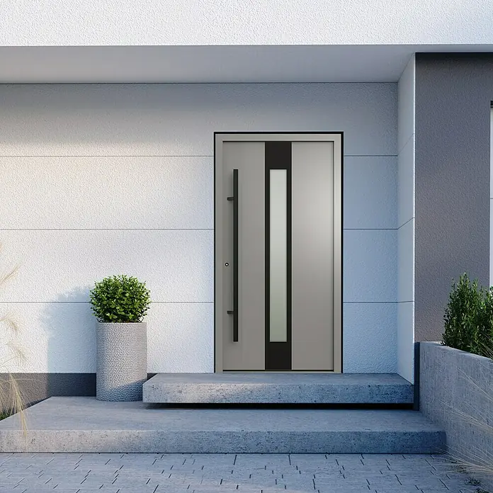 Gerda Haustür Thermo Prime 75 Hanover - 100 cm x 210 mm, DIN Anschlag: Links, Grau, Schwarze Details - Moderne Haustür mit geradlinigem Design und Glaseinsatz vor einem hellen, strukturierten Hintergrund.