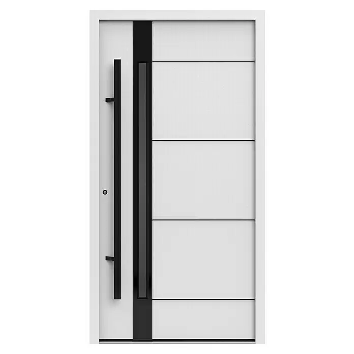 Gerda Haustür Thermo Prime 75 Rodan - 110 cm x 210 mm, DIN Anschlag: Links, Weiß, Schwarze Details - Moderne weiße Tür mit schwarzem vertikalem Glasfeld und langem schwarzem Griff.
