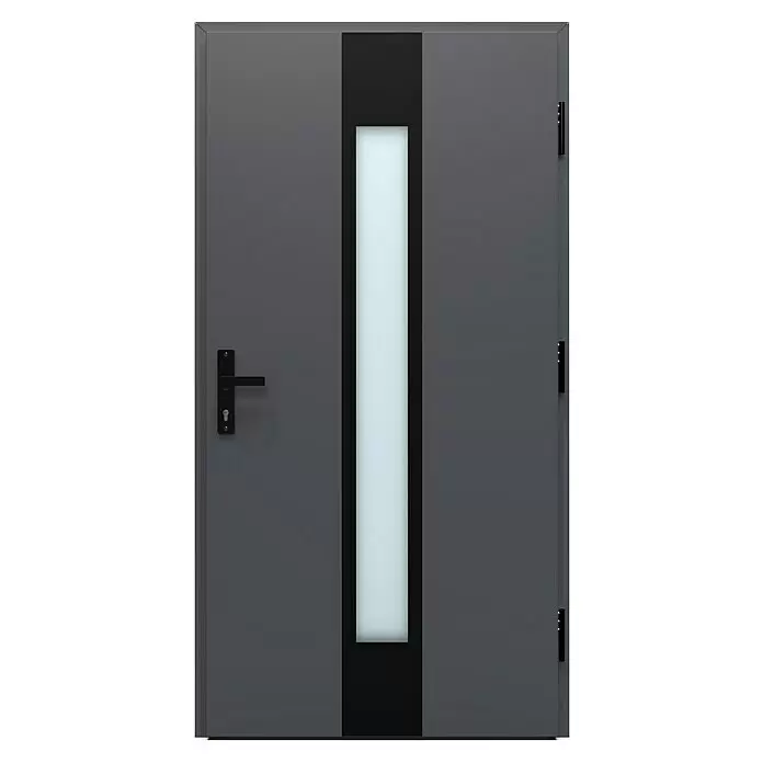 Gerda Haustür Thermo Prime 75 Hanover - 110 cm x 210 mm, DIN Anschlag: Rechts, Anthrazitgrau, Schwarze Details - Dunkelgraue moderne Tür mit vertikalem Milchglaseinsatz, schwarzem Griff und schwarzen Scharnieren.