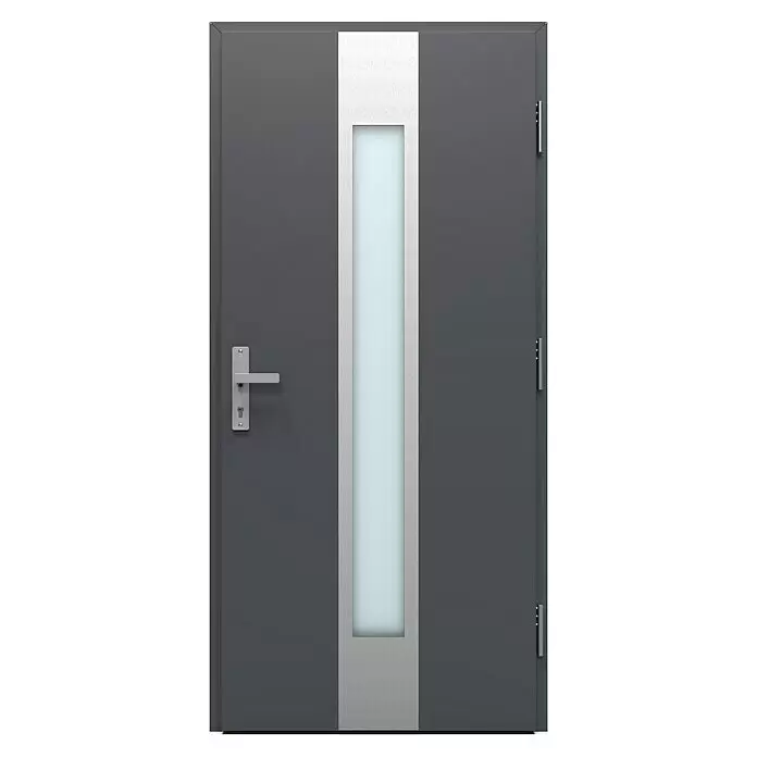 Gerda Haustür Thermo Prime 75 Hanover - 100 cm x 210 mm, DIN Anschlag: Rechts, Anthrazitgrau, Details in Edelstahl - Moderne dunkelgraue Tür mit vertikaler silberner Zierleiste, Milchglasplatte und silbernem Griff.