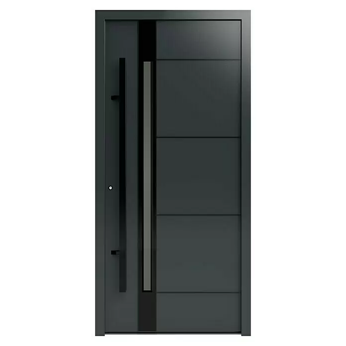 Gerda Haustür Thermo Prime 75 Rodan - 100 cm x 210 mm, DIN Anschlag: Links, Anthrazitgrau, Schwarze Details - Dunkelgraue moderne Eingangstür mit langem Griff, schmalem vertikalem Glaseinsatz und horizontaler Paneelierung.