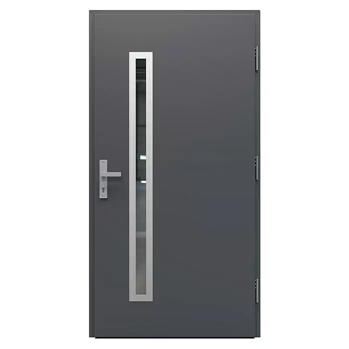 Gerda Haustür Thermo Prime 75 Rodan - 110 cm x 210 mm, DIN Anschlag: Rechts, Anthrazitgrau, Details in Edelstahl - Moderne dunkelgraue Metalltür mit schmalem vertikalem Fenster und silbernem Griff.