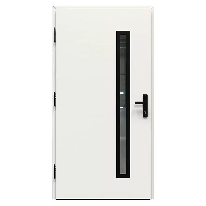 Gerda Haustür Thermo Prime 75 Rodan - 110 cm x 210 mm, DIN Anschlag: Links, Weiß, Schwarze Details - Weiße Tür mit schwarzem Griff und vertikaler dunkler Glasscheibe.