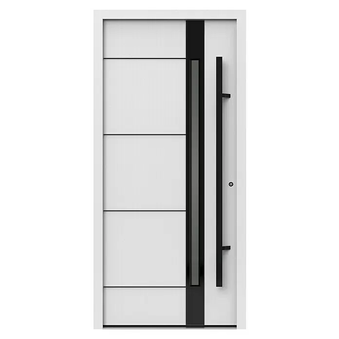 Gerda Haustür Thermo Prime 75 Rodan - 100 cm x 210 mm, DIN Anschlag: Rechts, Weiß, Schwarze Details - Moderne weiße Eingangstür mit horizontalen Paneelen, schwarzem Akzentstreifen mit Fenster und langem schwarzem Stangengriff.