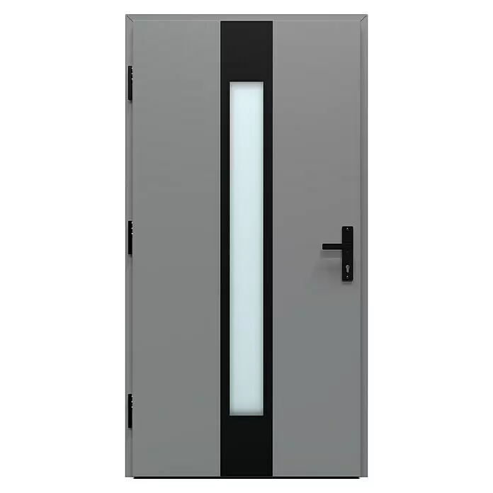 Gerda Haustür Thermo Prime 75 Hanover - 110 cm x 210 mm, DIN Anschlag: Links, Grau, Schwarze Details - Moderne graue Tür mit schwarzem Vertikalstreifen und mattiertem Glaseinsatz, mit schwarzem Griff und Scharnieren.