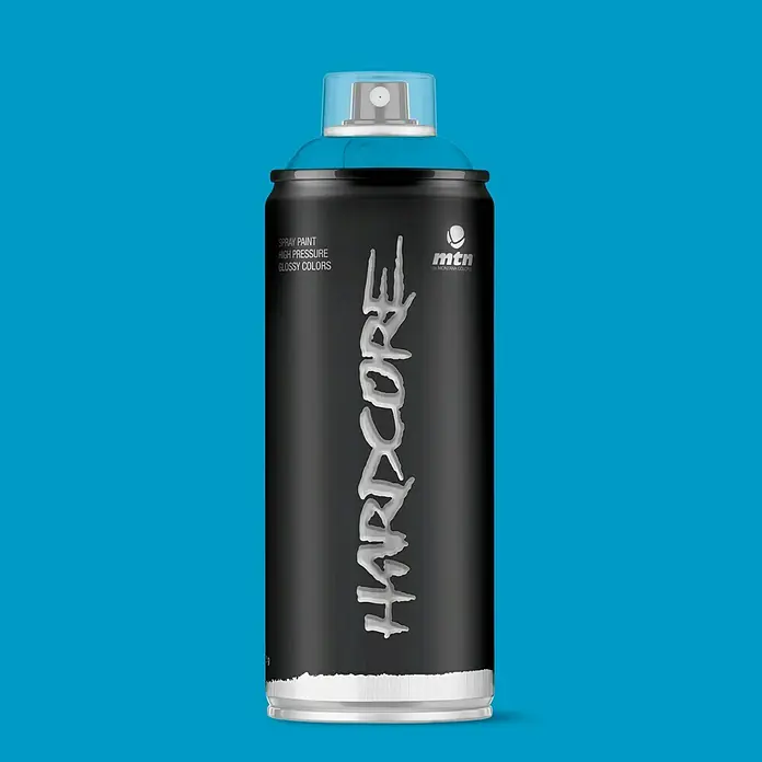 mtn Pintura decorativa en spray Hardcore - Azul avatar, Resplandeciente, 400 ml - Primer plano de un spray negro Montana MTN Hardcore, ideal para grafitis y proyectos de arte urbano con colores brillantes.
