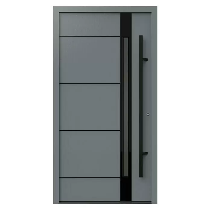 Gerda Haustür Thermo Prime 75 Rodan - 110 cm x 210 mm, DIN Anschlag: Rechts, Grau, Schwarze Details - Moderne graue Tür mit horizontalen Paneelen, schwarzem Glaseinsatz und langem schwarzem Griff.