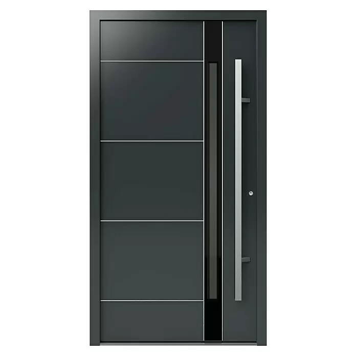 Gerda Haustür Thermo Prime 75 Rodan - 110 cm x 210 mm, DIN Anschlag: Rechts, Anthrazitgrau, Details in Edelstahl - Moderne dunkelgraue Haustür mit horizontalen Silberleisten, vertikaler Glasscheibe und langem Stangengriff.