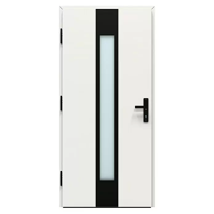 Gerda Haustür Thermo Prime 75 Hanover - 100 cm x 210 mm, DIN Anschlag: Links, Weiß, Schwarze Details - Moderne weiße Tür mit schwarzem Mittelpaneel, Milchglas-Einsatz, schwarzem Griff und Scharnieren.