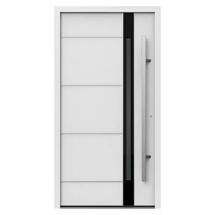 Gerda Haustür Thermo Prime 75 Rodan - 110 cm x 210 mm, DIN Anschlag: Rechts, Weiß, Details in Edelstahl - Moderne weiße Eingangstür mit texturierter Oberfläche, vertikalem schwarzem Glaseinsatz und langem Stangengriff.