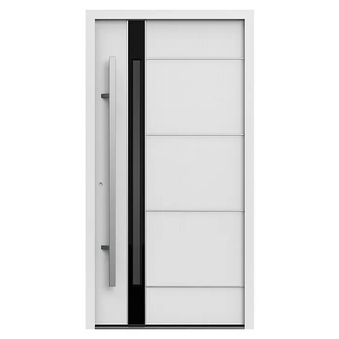 Gerda Haustür Thermo Prime 75 Rodan - 110 cm x 210 mm, DIN Anschlag: Links, Weiß, Details in Edelstahl - Moderne weiße Haustür mit vertikalem schwarzem Glaseinsatz, langem silbernem Stangengriff und horizontalen Akzenten.