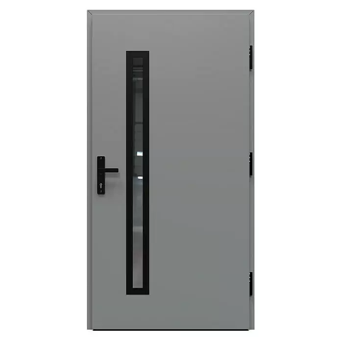 Gerda Haustür Thermo Prime 75 Rodan - 110 cm x 210 mm, DIN Anschlag: Rechts, Grau, Schwarze Details - Graue Metalltür mit schwarzem Griff, Schlüsselloch und Scharnieren, mit einem vertikalen schwarz gerahmten Glaspaneel.