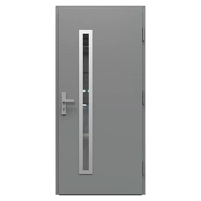Gerda Haustür Thermo Prime 75 Rodan - 100 cm x 210 mm, DIN Anschlag: Rechts, Grau, Details in Edelstahl - Graue Metalltür mit schmaler vertikaler Glasscheibe, gebürsteter Metallverkleidung und silbernem Griff mit Schlüsselloch.