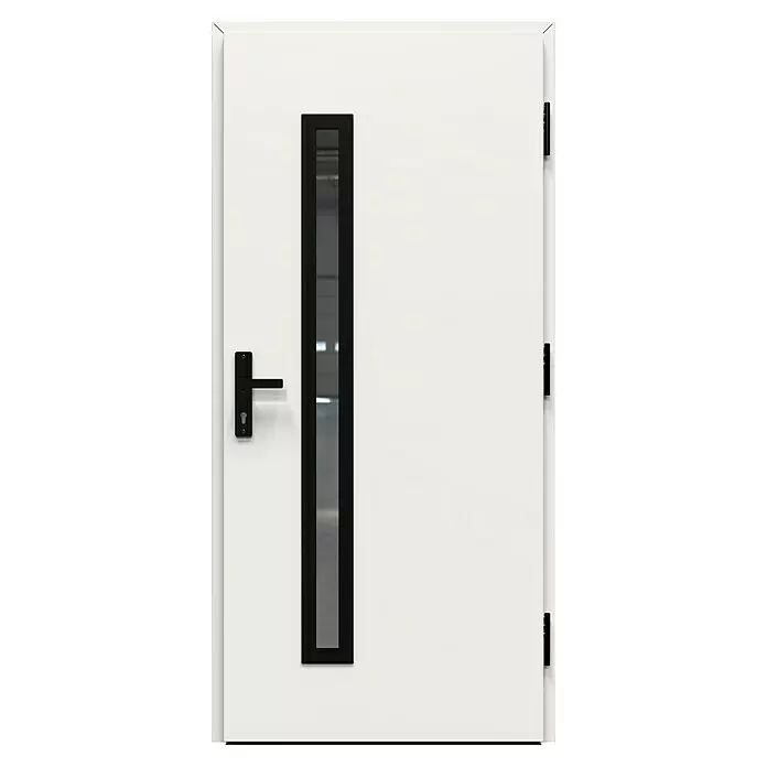 Gerda Haustür Thermo Prime 75 Rodan - 100 cm x 210 mm, DIN Anschlag: Rechts, Weiß, Schwarze Details - Weiße moderne Tür mit schwarzem Griff und schmaler, schwarzgerahmter vertikaler Glasscheibe.