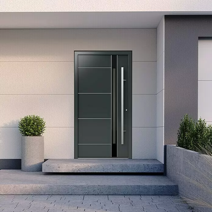 Gerda Haustür Thermo Prime 75 Rodan - 110 cm x 210 mm, DIN Anschlag: Rechts, Anthrazitgrau, Details in Edelstahl - Moderne dunkelgraue Haustür mit silbernem Griff, eingebaut in einen zeitgenössischen Gebäudeeingang mit Betonstufen.