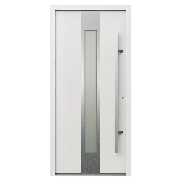 Gerda Haustür Thermo Prime 75 Hanover - 100 cm x 210 mm, DIN Anschlag: Rechts, Weiß, Details in Edelstahl - Moderne weiße Haustür mit vertikaler Milchglasscheibe und langem Griff aus gebürstetem Metall.