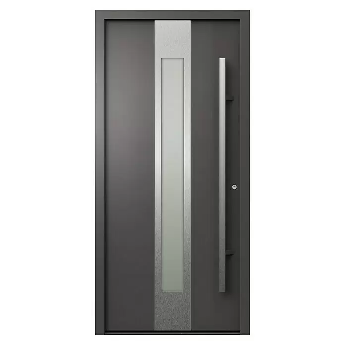 Gerda Haustür Thermo Prime 75 Hanover - 100 cm x 210 mm, DIN Anschlag: Rechts, Anthrazitgrau, Details in Edelstahl - Moderne dunkelgraue Haustür mit vertikaler Milchglasscheibe und langem Griff aus gebürstetem Metall.