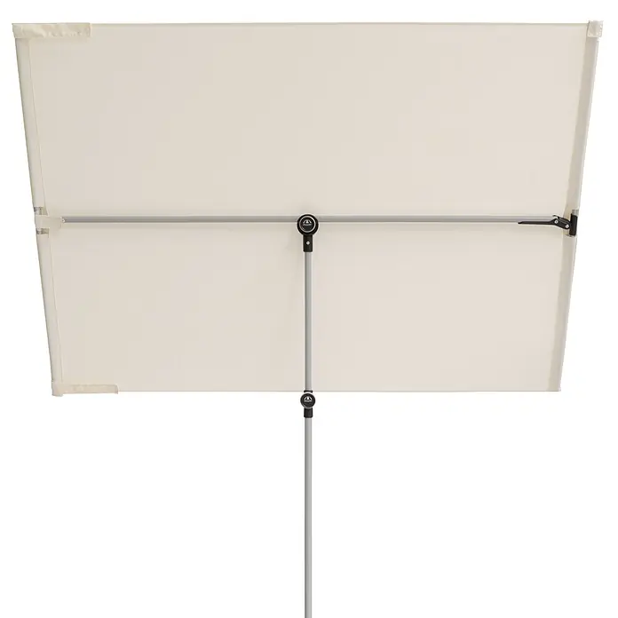 Doppler Active Balkonschirm - Natur, Bespannungsmaß (L x B): 180 x 130 cm - Nahaufnahme eines rechteckigen Sonnenschirms mit hellem Stoff, der an einem grauen Metallmast befestigt ist.