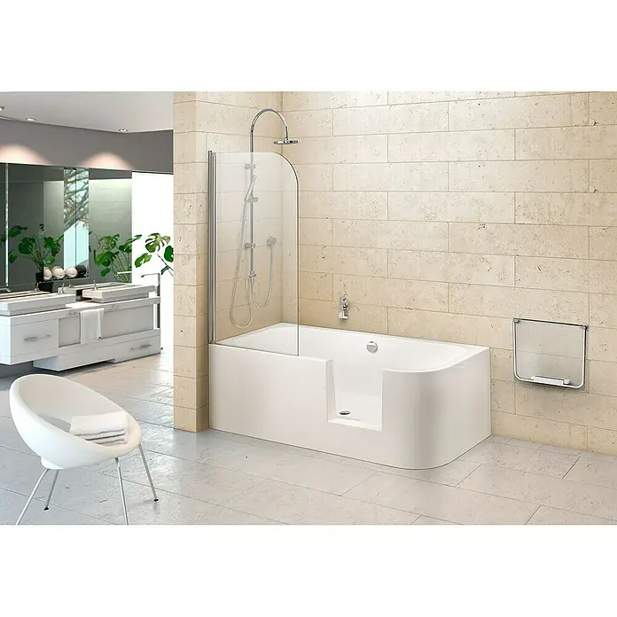 Ottofond Badewanne Pueblo - 180 x 80 cm, Sanitäracryl, Weiß, Rechts, Mit Ab- und Überlaufgarnitur - Hier ist eine ebenerdige Badewanne mit Duschabtrennung und einem kleinen Klappsitz an der Wand, für mehr Komfort und Sicherheit.