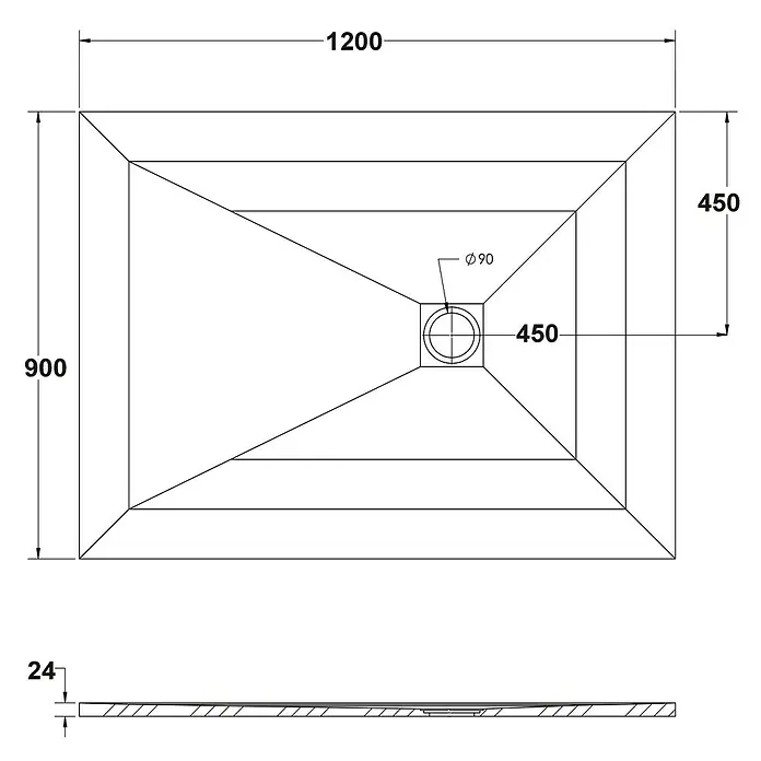 Ottofond Duschwanne Rosario - L x B: 120 x 90 cm, Weiß - Abbildung einer Duschwanne mit den Maßen 1200 x 900 mm, einer Höhe von 24 mm und einem Abflussdurchmesser von 90 mm.