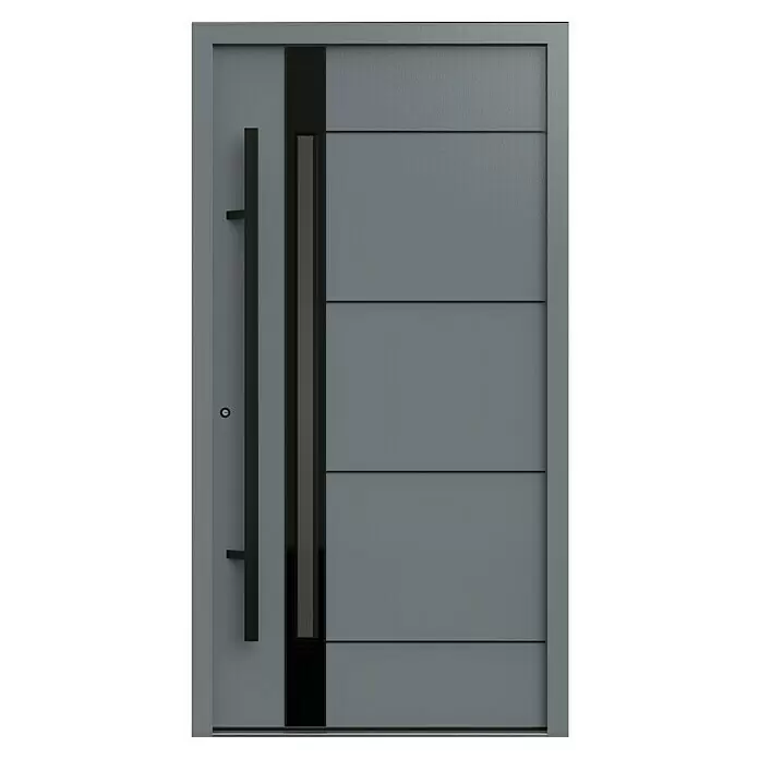 Gerda Haustür Thermo Prime 75 Rodan - 110 cm x 210 mm, DIN Anschlag: Links, Grau, Schwarze Details - Moderne anthrazitfarbene Eingangstür mit horizontalen Paneelen, schwarzem Stangengriff und schmalem Glaseinsatz.