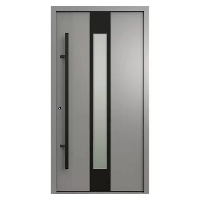 Gerda Haustür Thermo Prime 75 Hanover - 110 cm x 210 mm, DIN Anschlag: Links, Grau, Schwarze Details - Moderne graue Haustür mit schwarzem vertikalem Stangengriff und schmaler Milchglasscheibe.