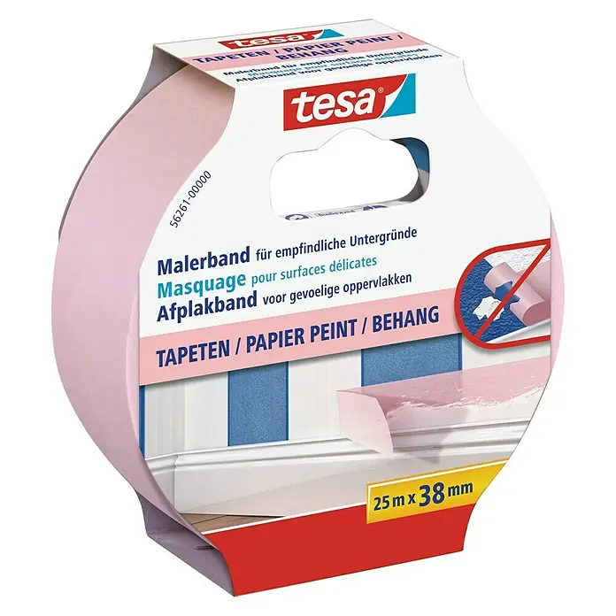 Tesa Malerband Tapeten - 25 m x 38 mm - Abbildung einer Tesa Malerband-Rolle für empfindliche Oberflächen, ideal zum Abdecken beim Malen und Renovieren.
