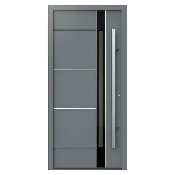 Gerda Haustür Thermo Prime 75 Rodan - 100 cm x 210 mm, DIN Anschlag: Rechts, Grau, Details in Edelstahl - Moderne graue Eingangstür mit silbernen Querstreifen, vertikalem Glaseinsatz und langem Griff.