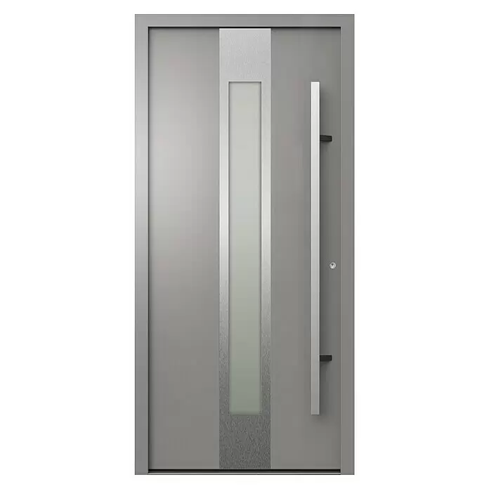 Gerda Haustür Thermo Prime 75 Hanover - 100 cm x 210 mm, DIN Anschlag: Rechts, Grau, Details in Edelstahl - Vorderansicht