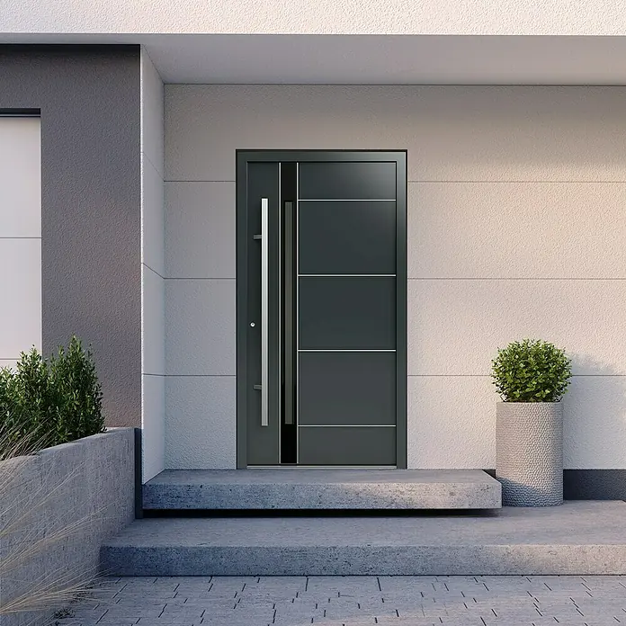 Gerda Haustür Thermo Prime 75 Rodan110 cm x 210 mm, DIN Anschlag: Links, Anthrazitgrau, Details in Edelstahl - Moderne Haustür in Anthrazit mit senkrechtem Griff. Elegantes Design mit horizontalen Zierlinien, ideal für moderne Architektur und Hauseingänge.