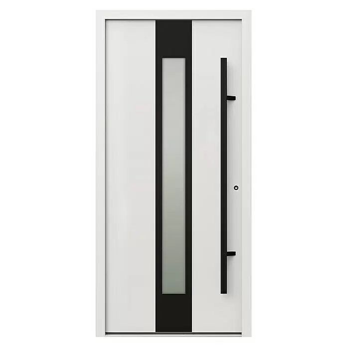 Gerda Haustür Thermo Prime 75 Hanover - 100 cm x 210 mm, DIN Anschlag: Rechts, Weiß, Schwarze Details - Moderne weiße Tür mit schwarzer Mittelplatte, mattierter Glasfüllung und elegantem schwarzem Griff.