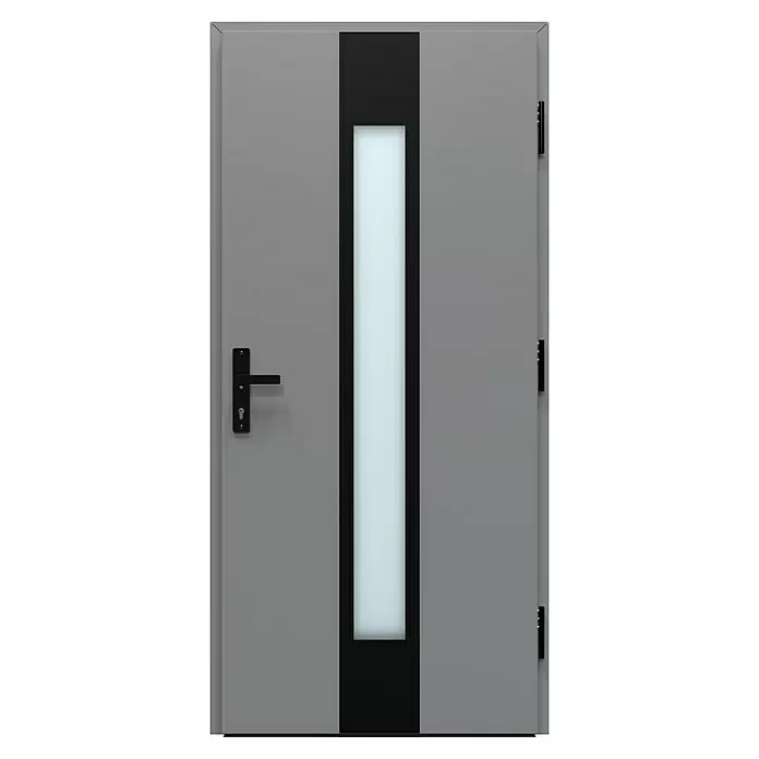 Gerda Haustür Thermo Prime 75 Hanover - 100 cm x 210 mm, DIN Anschlag: Rechts, Grau, Schwarze Details - Moderne graue Tür mit vertikaler schwarzer Platte, Milchglaseinsatz und schwarzer Beschläge.