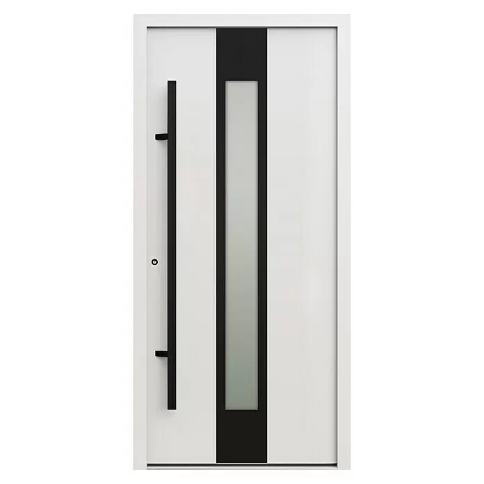 Gerda Haustür Thermo Prime 75 Hanover - 100 cm x 210 mm, DIN Anschlag: Links, Weiß, Schwarze Details - Moderne weiße Tür mit schwarzem Vertikaleinsatz, mattiertem Glas und langem schwarzem Griff. Schlankes Design für moderne Eingänge.