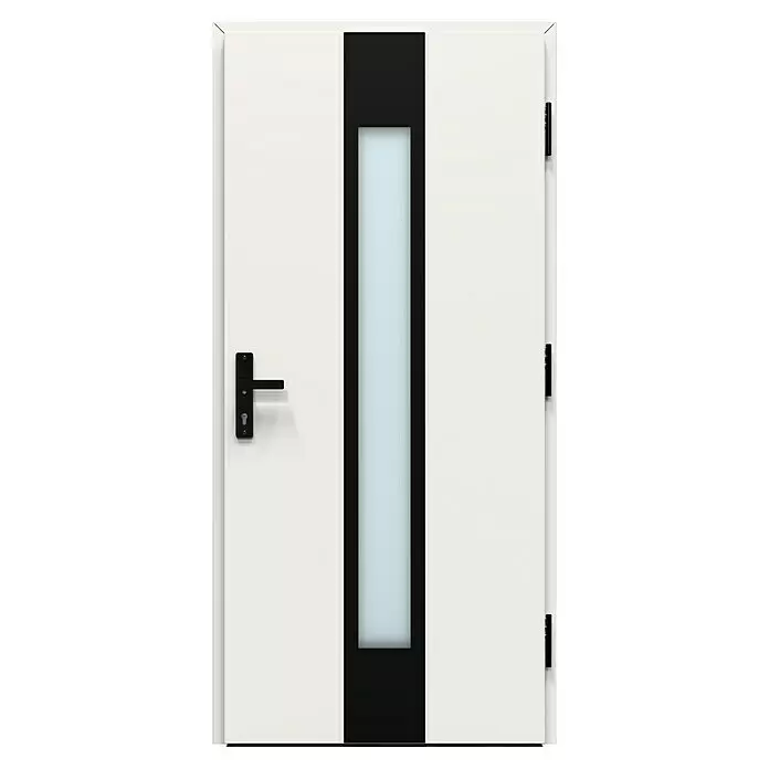 Gerda Haustür Thermo Prime 75 Hanover - 100 cm x 210 mm, DIN Anschlag: Rechts, Weiß, Schwarze Details - Moderne weiße Tür mit zentralem schwarzem Paneel, mattierter Glaseinlage, schwarzem Griff und schwarzen Scharnieren.