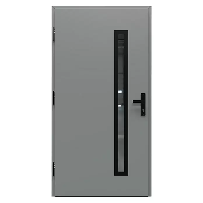 Gerda Haustür Thermo Prime 75 Rodan - 110 cm x 210 mm, DIN Anschlag: Links, Grau, Schwarze Details - Graue Tür mit einem langen, schmalen schwarzgerahmten Fenster und einem schwarzen Griff.