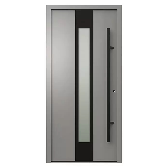 Gerda Haustür Thermo Prime 75 Hanover - 100 cm x 210 mm, DIN Anschlag: Rechts, Grau, Schwarze Details - Moderne graue Eingangstür mit vertikalem schwarzem Glaseinsatz und schwarzem Langstangengriff.