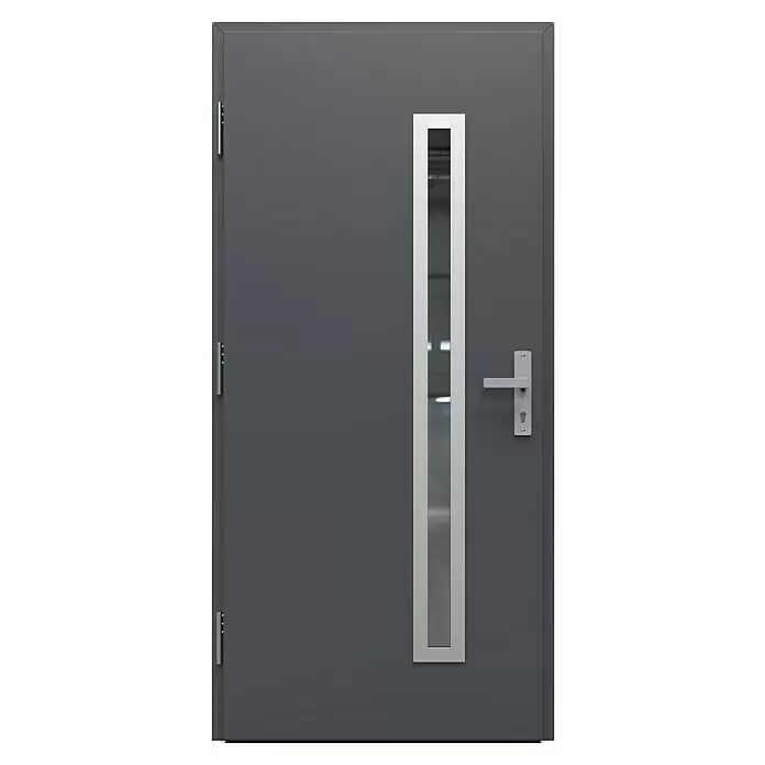 Gerda Haustür Thermo Prime 75 Rodan - 100 cm x 210 mm, DIN Anschlag: Links, Anthrazitgrau, Details in Edelstahl - Moderne dunkelgraue Metalltür mit vertikalem Glaseinsatz und silbernem Griff.