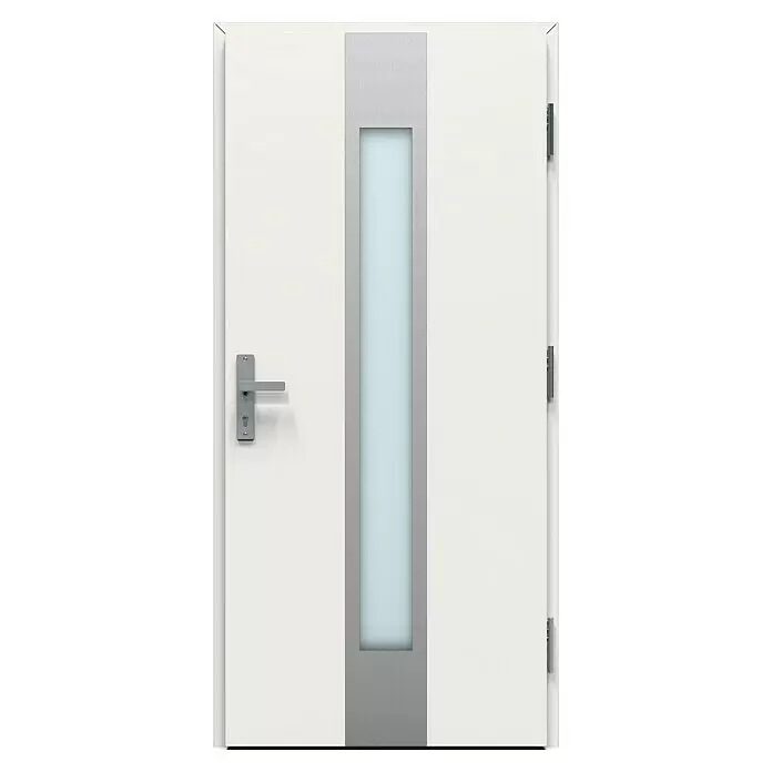 Gerda Haustür Thermo Prime 75 Hanover - 100 cm x 210 mm, DIN Anschlag: Rechts, Weiß, Details in Edelstahl - Weiße Tür mit zentraler mattierter Glasscheibe, gebürsteter Metallverkleidung und silbernem Griff.