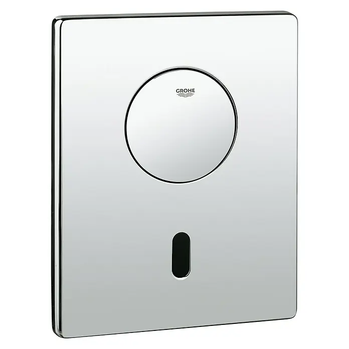 Grohe Betätigungsplatte Tectron Skate - Chrom - Grohe Eurocube Selbstschluss-Spültischarmatur mit einem quadratischen Betätigungsfeld und einem Sensor für eine berührungslose Bedienung.