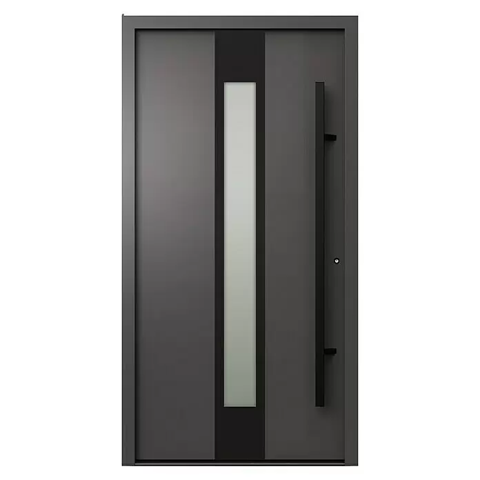Gerda Haustür Thermo Prime 75 Hanover - 110 cm x 210 mm, DIN Anschlag: Rechts, Anthrazitgrau, Schwarze Details - Moderne dunkelgraue Eingangstür mit vertikalem Milchglaseinsatz und langem schwarzen Stangengriff.