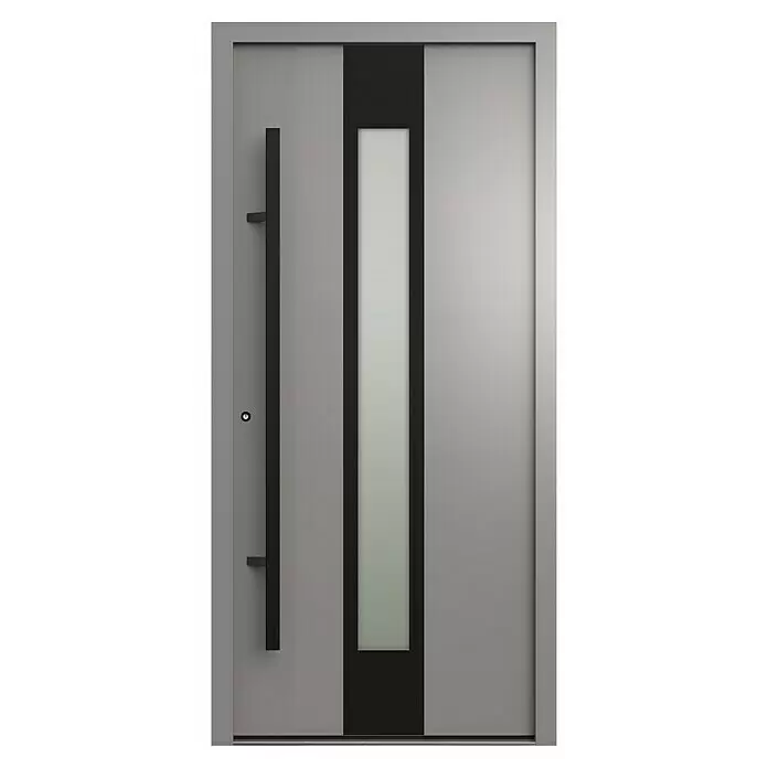 Gerda Haustür Thermo Prime 75 Hanover - 100 cm x 210 mm, DIN Anschlag: Links, Grau, Schwarze Details - Moderne graue Eingangstür mit schwarzem vertikalen Stangengriff und zentralem schwarzen Streifen mit Milchglaseinsatz.