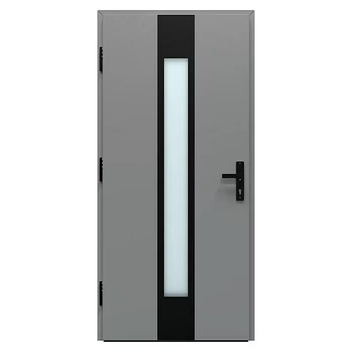 Gerda Haustür Thermo Prime 75 Hanover - 100 cm x 210 mm, DIN Anschlag: Links, Grau, Schwarze Details - Moderne graue Tür mit vertikalem schwarzen Akzentstreifen, Milchglas-Einsatz und schwarzem Griff. Scharniere links.