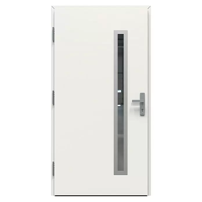 Gerda Haustür Thermo Prime 75 Rodan - 110 cm x 210 mm, DIN Anschlag: Links, Weiß, Details in Edelstahl - Weiße Tür mit sichtbaren Scharnieren, vertikaler Glasscheibe und silbernem Griff.