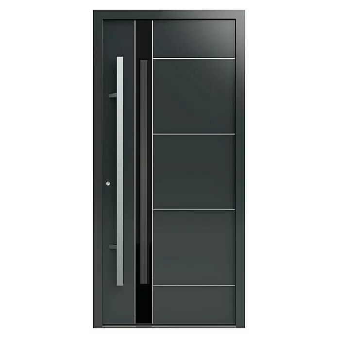 Gerda Haustür Thermo Prime 75 Rodan - 100 cm x 210 mm, DIN Anschlag: Links, Anthrazitgrau, Details in Edelstahl - Dunkelgraue moderne Eingangstür mit vertikalem Silbergriff, Schloss, schmaler vertikaler Glasleiste und horizontalen Akzentlinien.