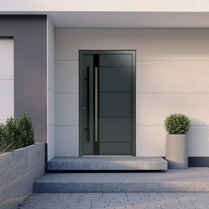Gerda Haustür Thermo Prime 75 Rodan - 110 cm x 210 mm, DIN Anschlag: Links, Anthrazitgrau, Schwarze Details - Elegante Haustür in Anthrazit mit modernem Design. Die Tür besticht durch klare Linien und eine hochwertige Verarbeitung, die einen einladenden Eingangsbereich schafft.