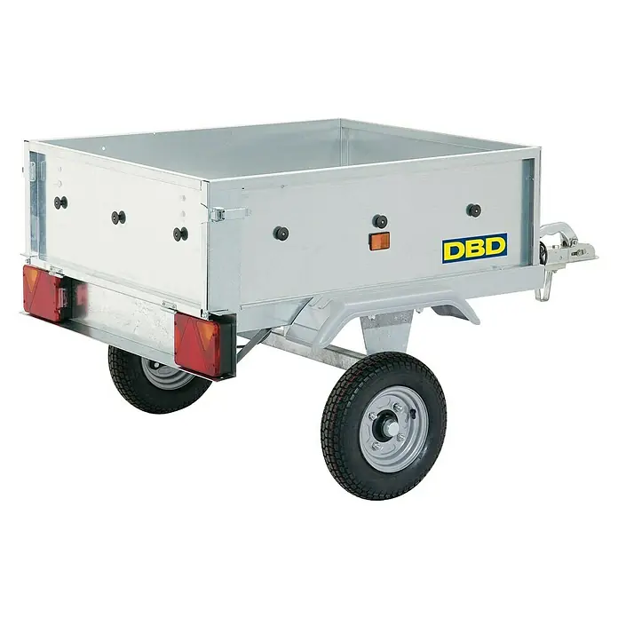BAUHAUS Remolque DBD RV 328 - Carga útil: 385 kg, Un eje, Sin freno - Imagen de un remolque DBD plateado, representado sobre un fondo blanco. Ideal para transportar mercancías y materiales con facilidad.