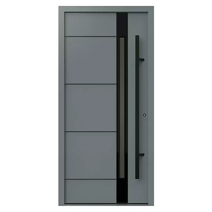 Gerda Haustür Thermo Prime 75 Rodan - 100 cm x 210 mm, DIN Anschlag: Rechts, Grau, Schwarze Details - Moderne graue Eingangstür mit horizontalen Paneelen, einem vertikalen schwarzen Glaseinsatz und einem langen schwarzen Griff.