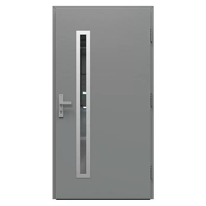 Gerda Haustür Thermo Prime 75 Rodan - 110 cm x 210 mm, DIN Anschlag: Rechts, Grau, Details in Edelstahl - Graue Metalltür mit vertikalem Glasfeld und silbernem Griff.